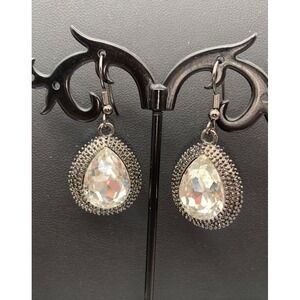 Dark Silver Tone Gunmetal & Large Faceted Clear Glass Tear Drop Dangle Earrings